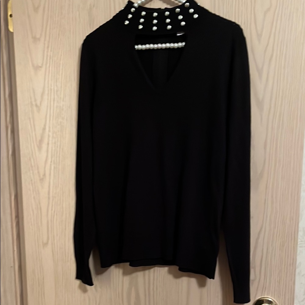 MICHAEL Michael Kors Black V-Neck Sweater with Pearl Accents